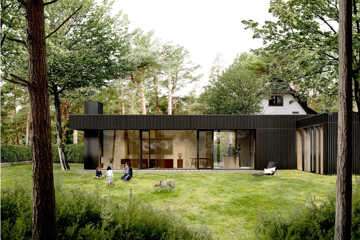 Minimalistisches Ferienhaus am Darss mit großzügigem Wohnbereich, Kamin und Kücheninsel von Bonauer Bölling Architekten, Berlin.