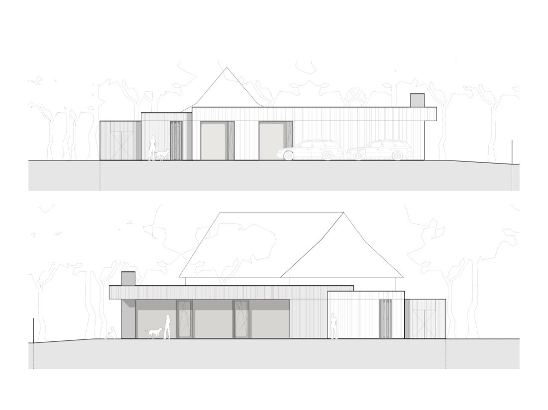 Ansichten eines minimalistischen Ferienhaus am Darss mit großzügiger Glasfassade und vorvergrauter Holzfassade aus Lärche von Bonauer Bölling Architekten, Berlin.