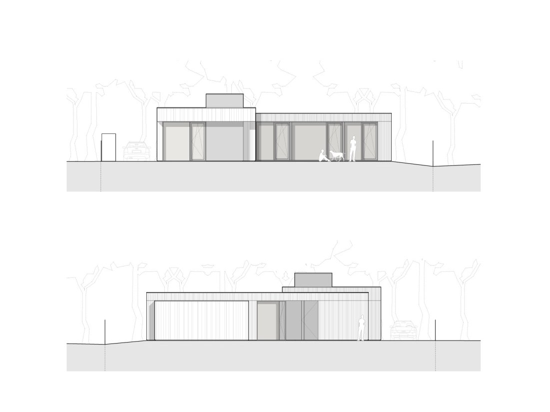 Ansichten eines minimalistischen Ferienhaus am Darss mit großzügiger Glasfassade und vorvergrauter Holzfassade aus Lärche von Bonauer Bölling Architekten, Berlin.
