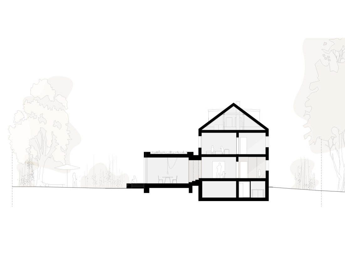 Schnitt minimalistischer Wohnpavillon aus Sichtbeton mit Holzfassade und restauriertem Bestandswohnhaus in Berlin Wannsee von Bonauer Bölling Architekten.