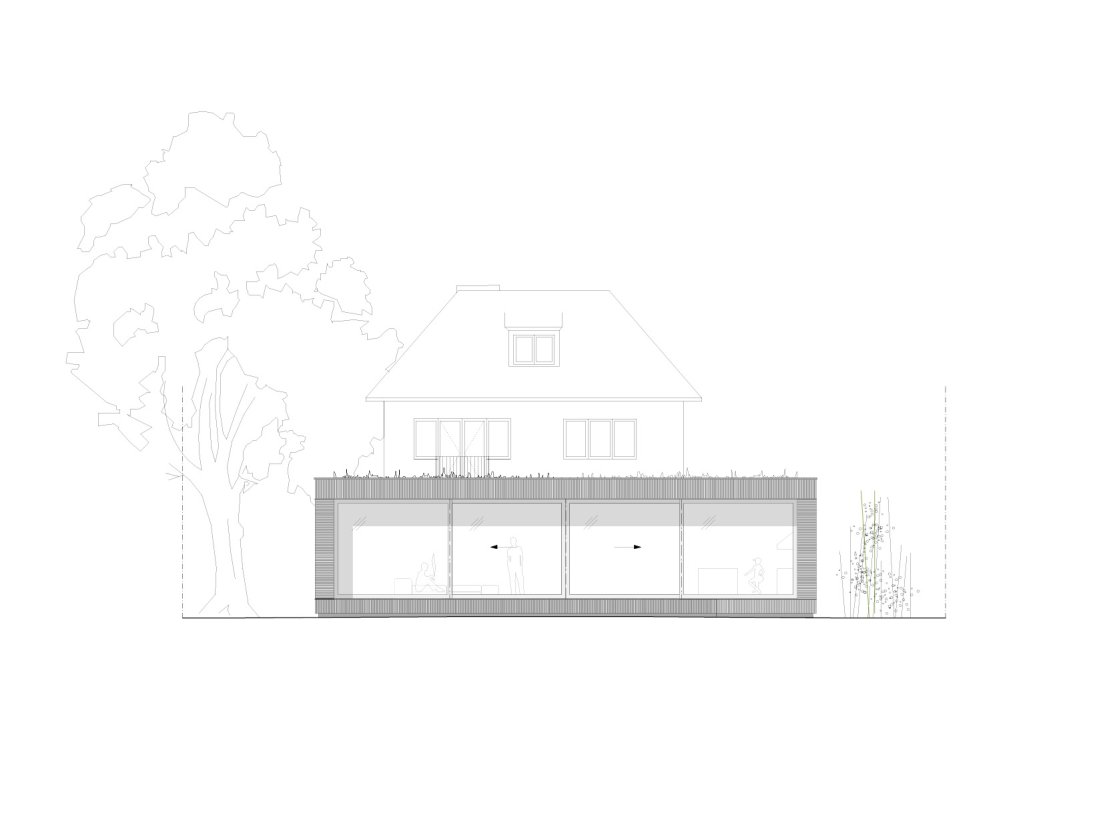 Ansicht minimalistischer Wohnpavillon aus Sichtbeton mit Holzfassade und restauriertem Bestandswohnhaus in Berlin Wannsee von Bonauer Bölling Architekten.