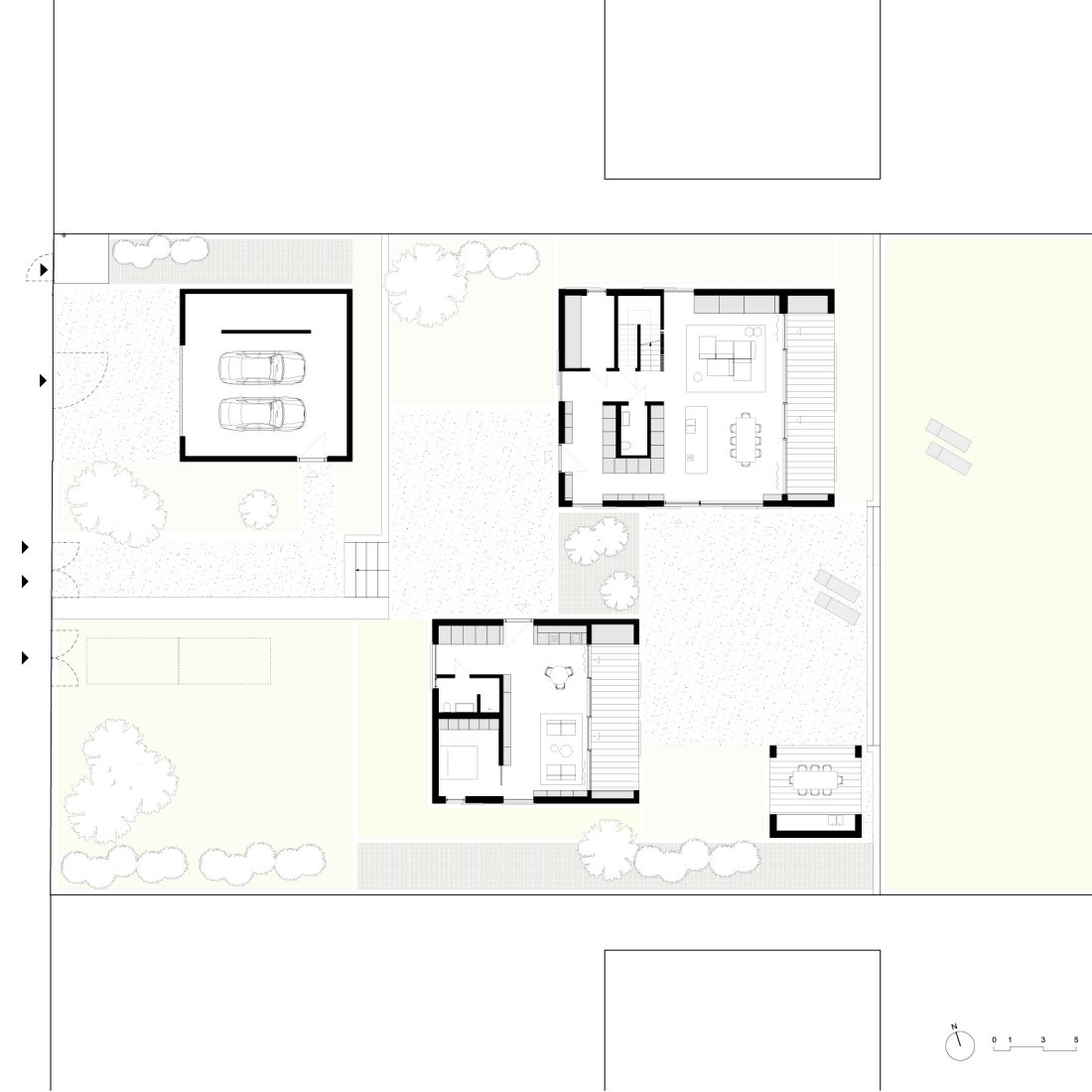 Grundriss Erdgeschoss Villa aus vier Gebäuden in Holzbauweise am Wandlitzsee von Bonauer Bölling Architekten