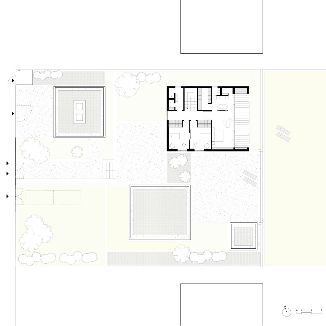 Grundriss Obergeschoss Villa aus vier Gebäuden in Holzbauweise am Wandlitzsee von Bonauer Bölling Architekten